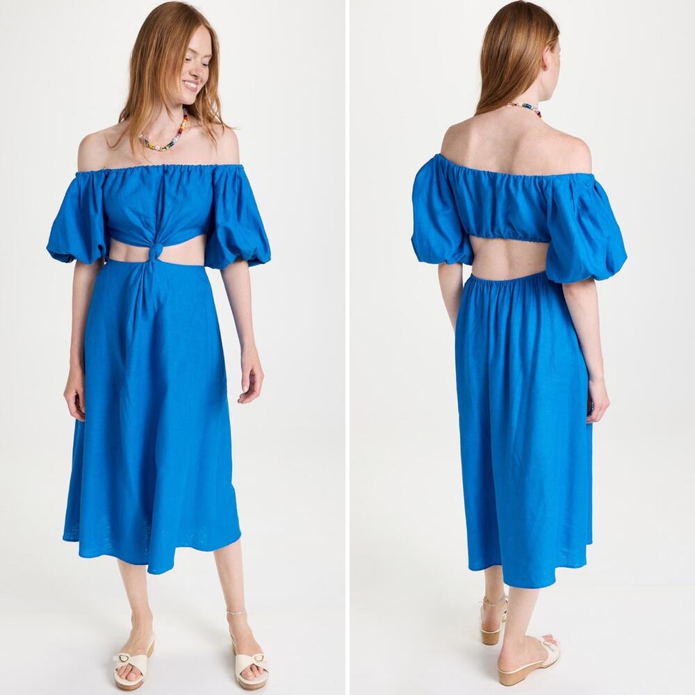 Farm Rio Cutout Knot Waist Linen Blend Puff Sleeve Blue Midi Dress Size M - Picture 2 of 14